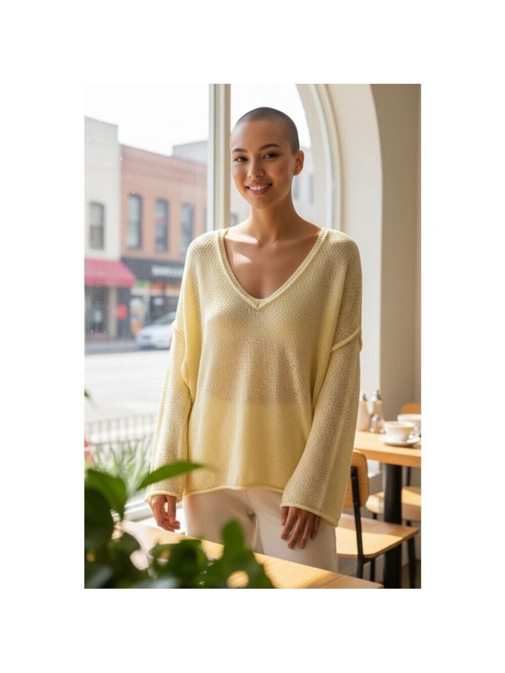 POL Yellow Lace-Up Back Knit V-Neck Sweater S (22” PTP, oversized)